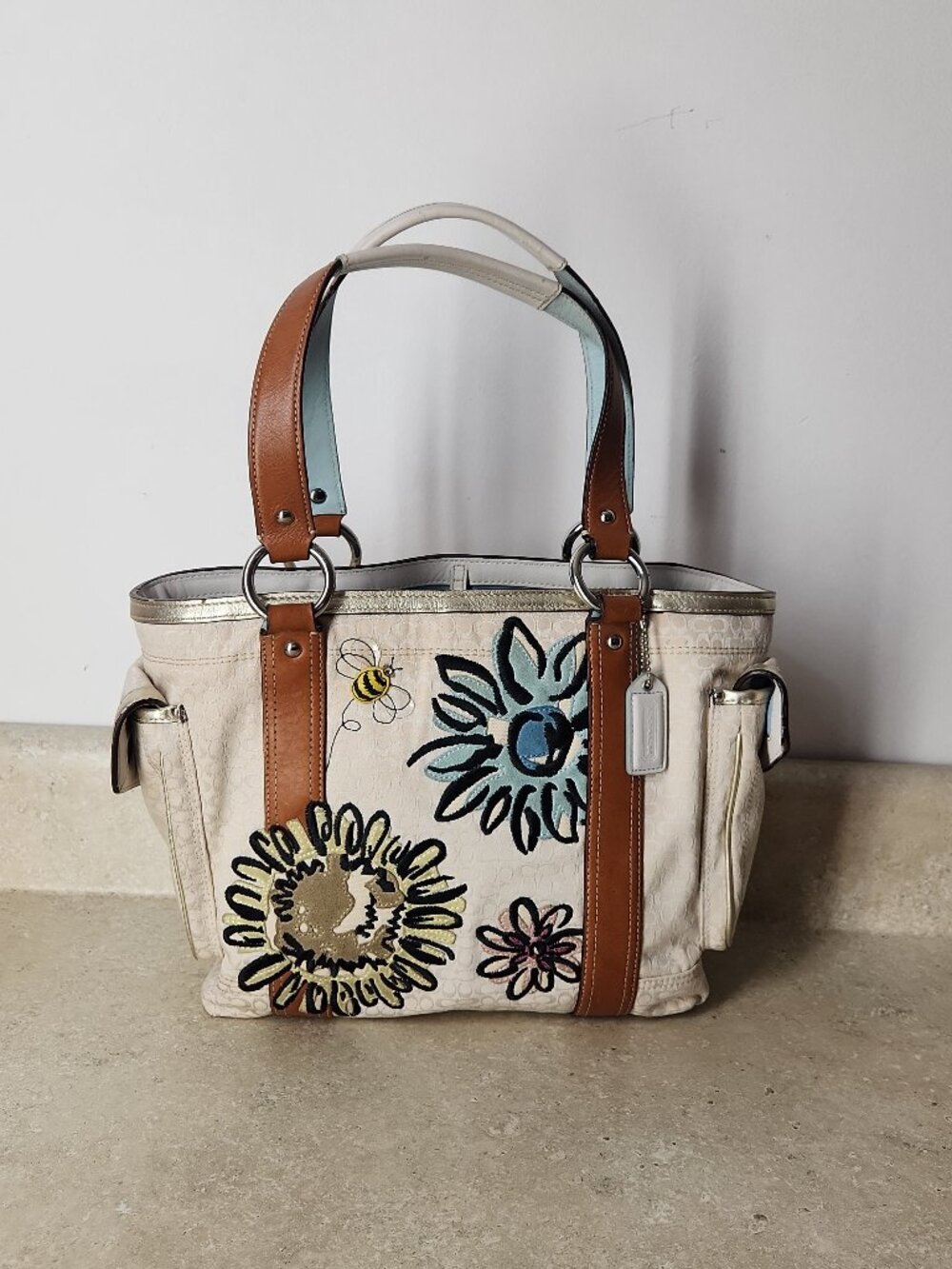 Vintage Coach gallery tote bag limited edition floral bumblebee bee F10870